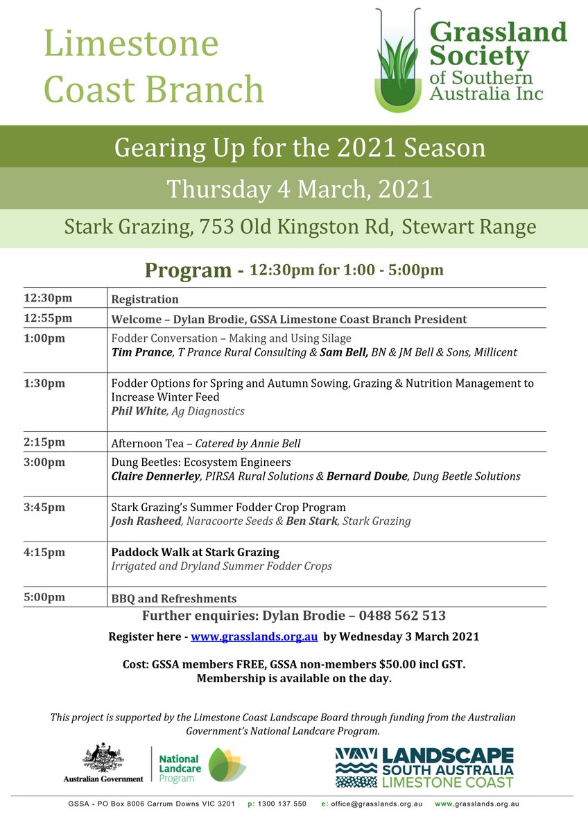GSSALCBranch's tweet image. 📣 Join us at our upcoming field day, Gearing Up for the 2021 Season 🌱
Thursday 4th March, 2021
12:30pm-5pm + BBQ
753 Old Kingston Rd, Stewart Range

FREE for current GSSA members. Membership will be available at the field day.
ℹ️ Register at grasslands.org.au by March 3rd