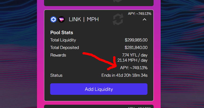 You can't miss Linkswap's +700% APY on the $MPH / $LINK reward pool.

It'll be 42 days with dual rewards of 888 $MPH and 325 $YFL

linkswap.app/#/stake