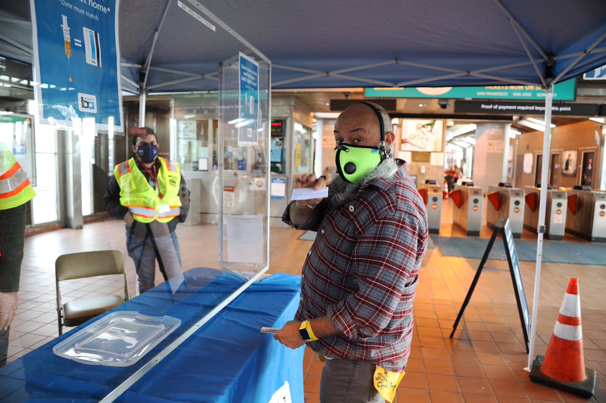 Today, extra BART staff was at Coliseum Station to provide free $7 value tickets back home for those vaccinated at the Coliseum site.Staff, masked and in high-vis vests, gave out the tickets after being shown a vaccination card with a matching date.