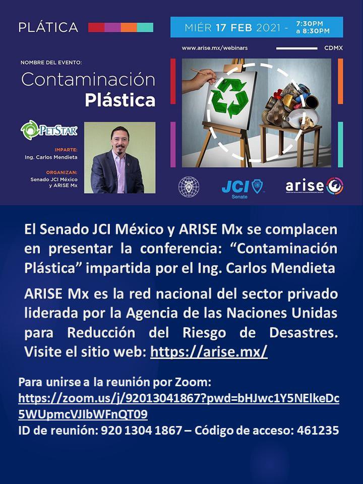 ASACJCI's tweet image. Participa de este Webinar Gratis denominado Contaminación Plástica  que será impartido por el Ing. Carlos Mendieta, organiza el Senado JCI Mexico y ARSE Mx. 
Cuándo: miércoles 17 febrero 2021 | Hora 7:30 p.m. MEX  
Vía ZOOM: ID de Reunion 920 1304 1867 - Código de Acceso: 461235