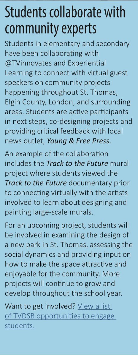 <a href="/TVDSB/">Thames Valley DSB</a> continues to engage students through community collaborative initiatives!Thankful to the community&amp;educators making it happen! <a href="/yfplondonandstt/">young & free press</a>  <a href="/mountsfieldps/">Mountsfield Public School</a> <a href="/CECITitans/">CECI</a> <a href="/eastelgin/">eastelgin</a> <a href="/ParksideCI/">Parkside CI</a> <a href="/agconsultinginc/">Andrew Gunn</a> <a href="/ExarStudios/">EXAR Studios</a> 2many2list tvdsb.ca/en/our-board/r… <a href="/SaundersOne/">Saunders Secondary</a>