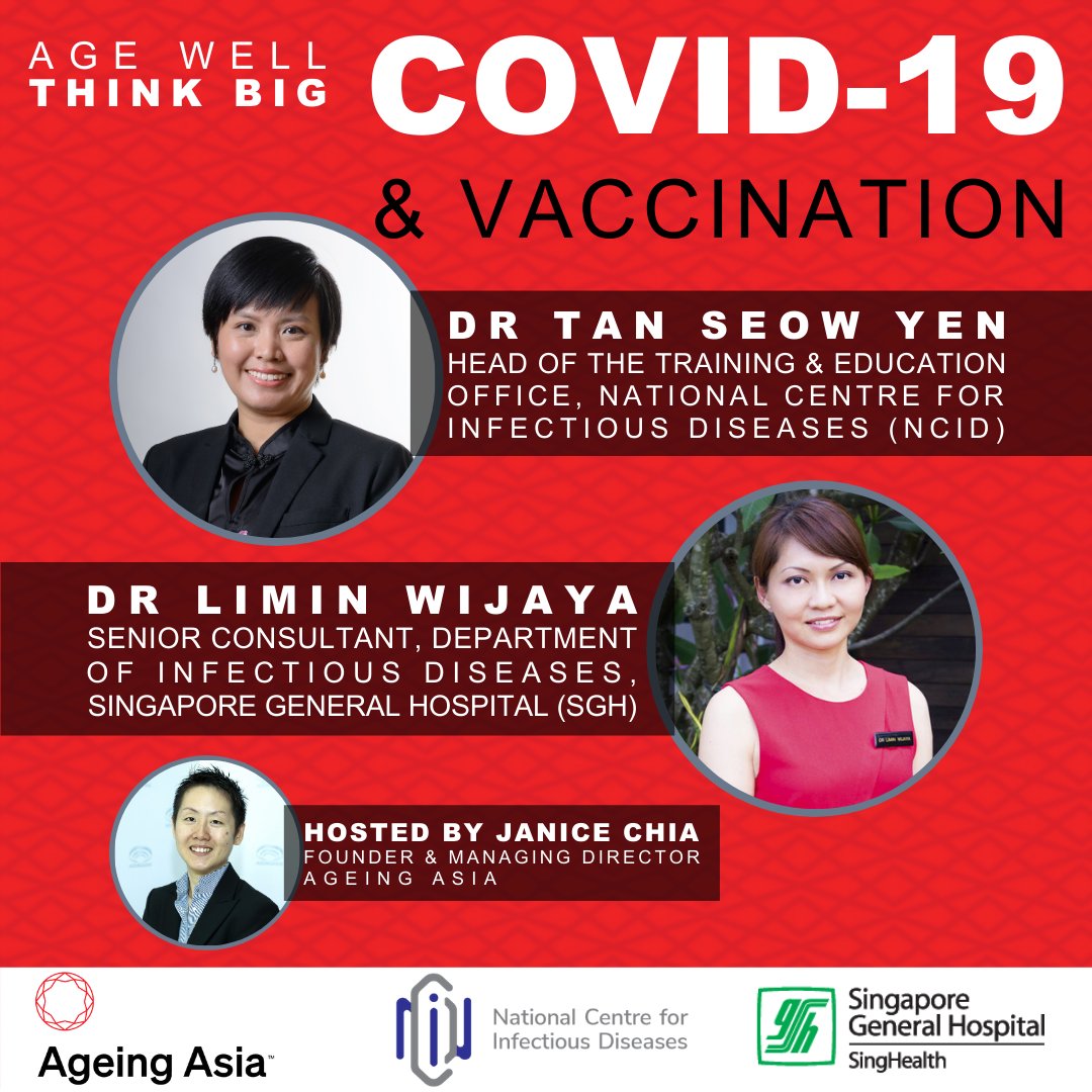 Do you have questions about the incoming coronavirus vaccine? 
Hear Dr Tan Seow Yen, together with Dr Limin Wijaya, at an insightful one-hour session hosted by Ageing Asia.
February 24, from 2pm-3pm (SGT). Register for this complimentary session here: bit.ly/AAcovid19andva…