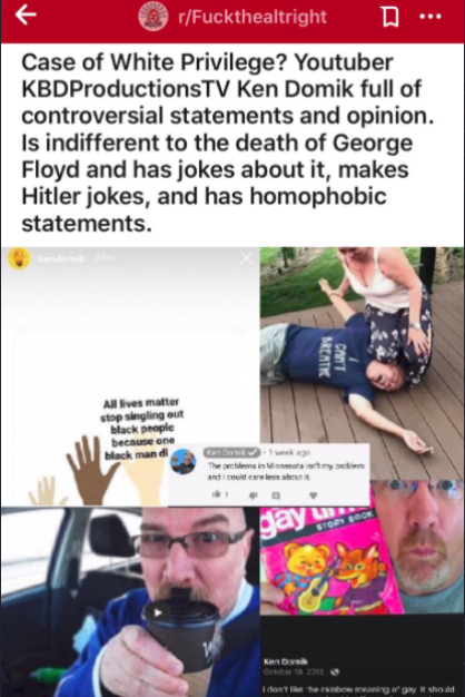 the_infochannel's tweet photo. #BlackHistoryMonth #BlackLivesMatter #tuesdaymotivations #GeorgeFloyd WHITE RACIST YOUTUBER KEN DOMIK OF KBDPRODUCTIONSTV MOCKED WHEN GEORGE FLOYD WAS KILLED. https://t.co/JYnU9PbYo6