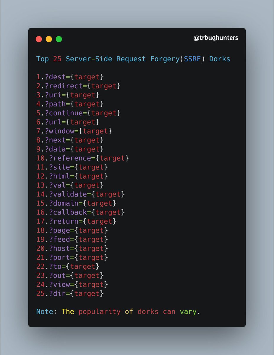 Alra3ees's tweet image. Top 25 Vulnerability Parameters based on frequency:-
XSS.
SSRF.
SQLi.
RCE.
LFI.
Open redirect.
github.com/lutfumertceyla…