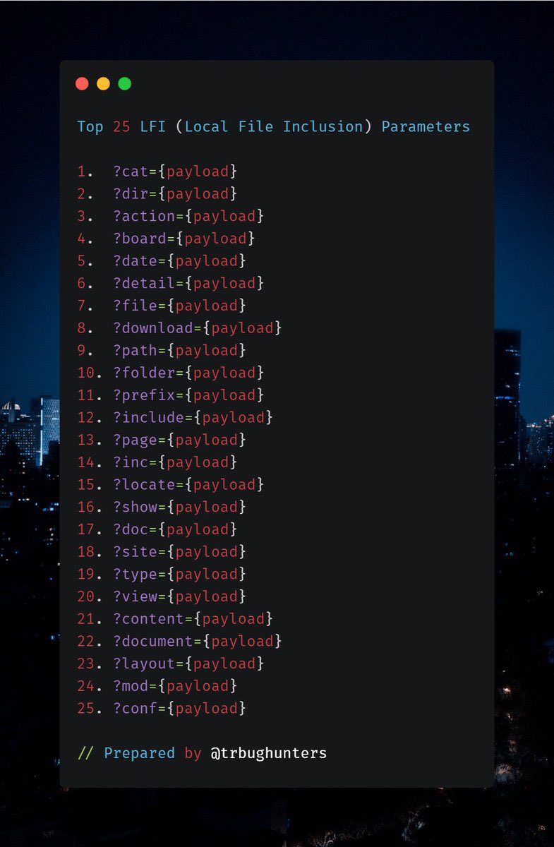 Alra3ees's tweet image. Top 25 Vulnerability Parameters based on frequency:-
XSS.
SSRF.
SQLi.
RCE.
LFI.
Open redirect.
github.com/lutfumertceyla…