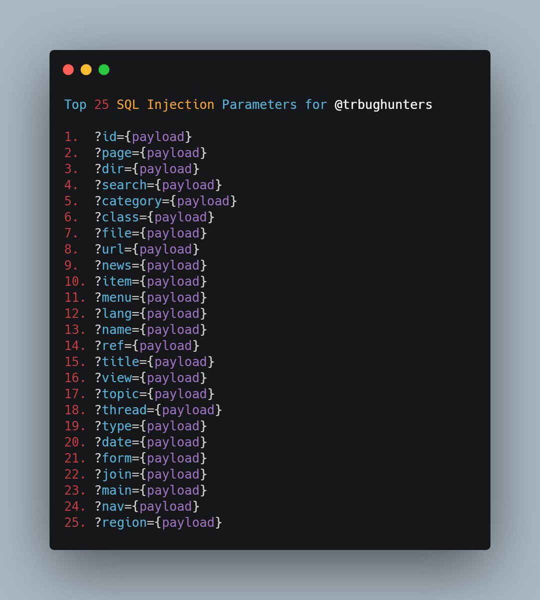 Alra3ees's tweet image. Top 25 Vulnerability Parameters based on frequency:-
XSS.
SSRF.
SQLi.
RCE.
LFI.
Open redirect.
github.com/lutfumertceyla…