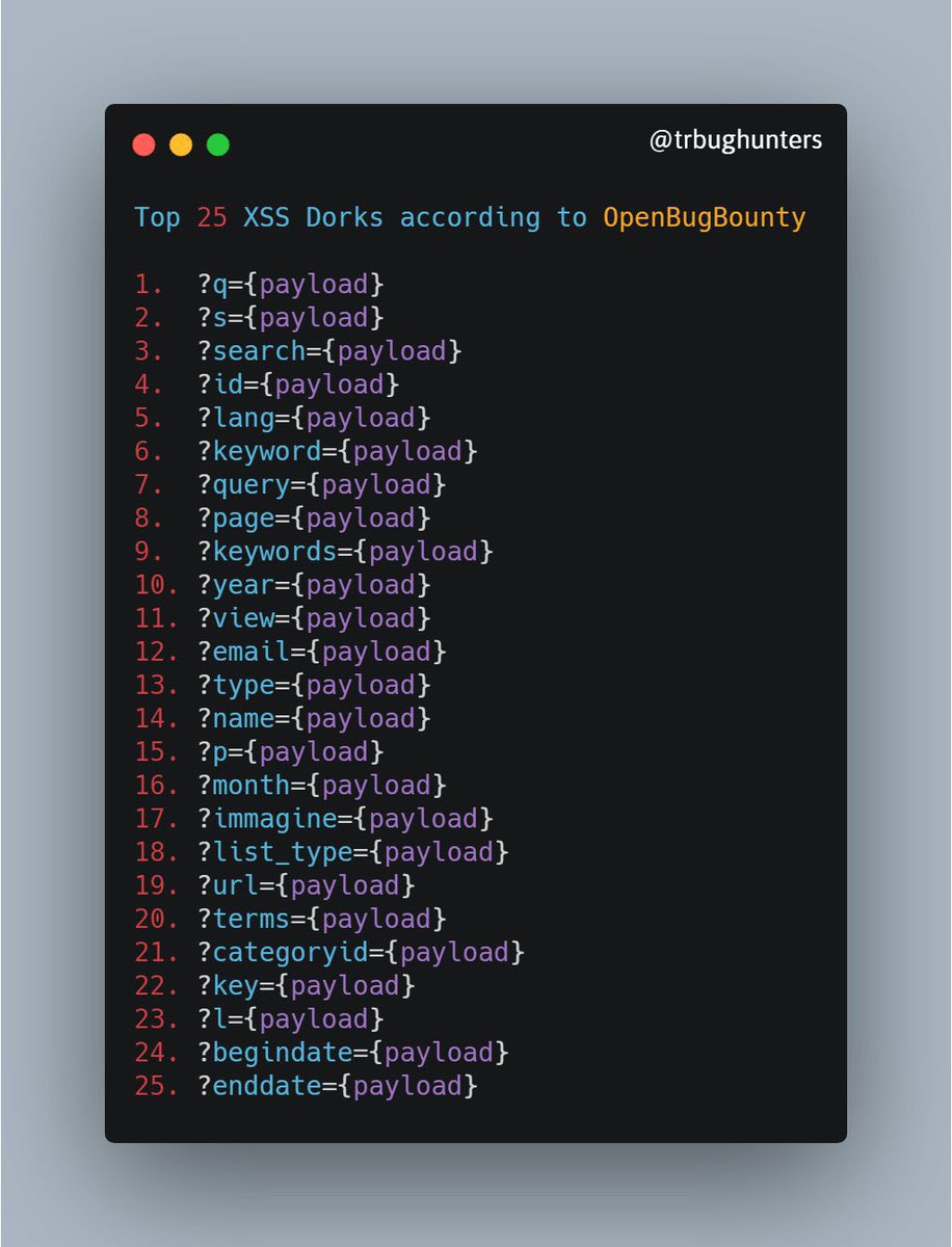 Alra3ees's tweet image. Top 25 Vulnerability Parameters based on frequency:-
XSS.
SSRF.
SQLi.
RCE.
LFI.
Open redirect.
github.com/lutfumertceyla…