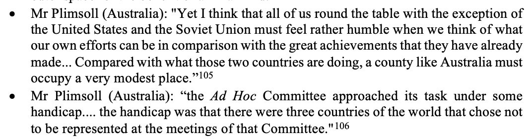 8. And finally, if anyone needed an example of int'l legal reproduction, I gotchu. Here's Australia politely telling all those young upstart states to simmer down and let the Big Powers talk. (11 Dec 1959, A/C.1/PV.1079, 44-45)