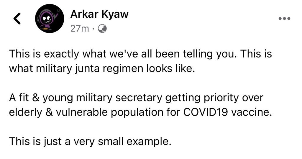hannayuri_twt's tweet photo. This is what military junta regimen looks like.They seized all the vaccine that we received with our State Counsellor’s effort.A fit &amp; young military secretary getting priority over important elderly, patients &amp; high-risk civilians for COVID19 vaccine .Don’t don’t put blind eyes! https://t.co/qc7ZfMEVOf