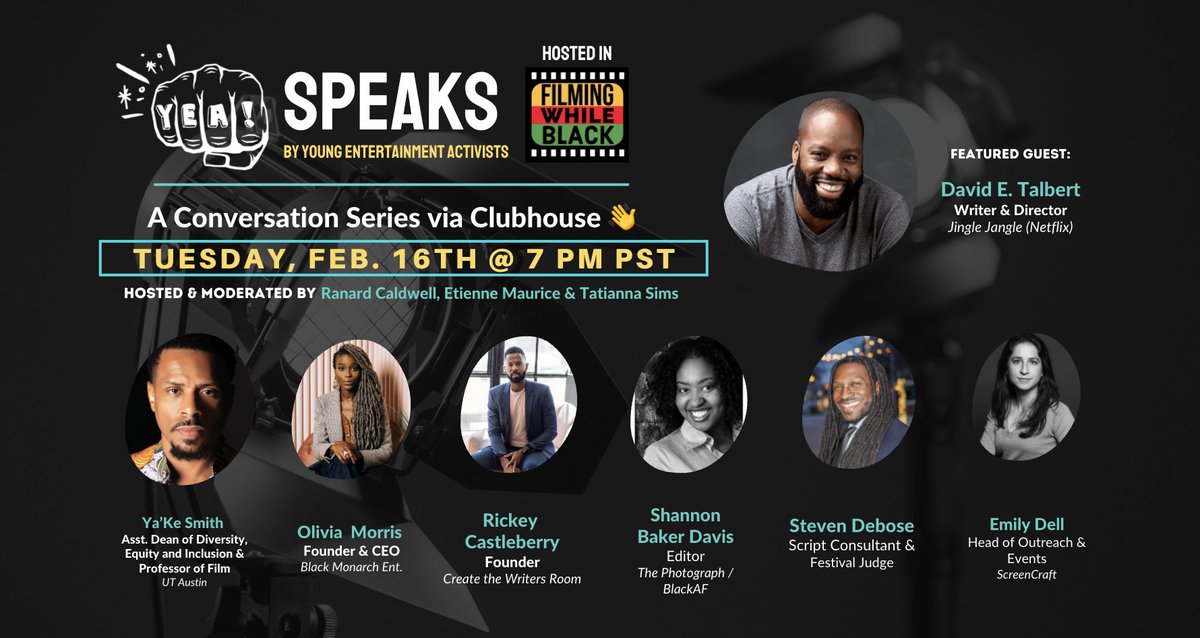 YEAimpact's tweet photo. Our fabulous host @RanardCaldwell just got the party started at #FilmingWhileBlack. Join our first #YEASpeakCH with @DavidETalbert, @thenameis_o, @Steven_DeBose, @EmilyxDell, @Shannon_B_Davis, @riccast moderated by @walkgoodetienne and @IAmTatiannaSims. https://t.co/M515onu9T5