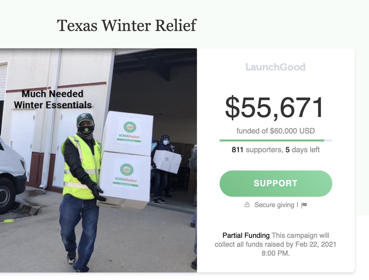 Folks at  @ICNARelief are working to feed and assist many 100s (& growing) folks at the Dallas Convention Center.Looks like they are closing on in on a fundraising goal. Good time to donate.h/t  @sahyder1 &  @omarsuleiman504 https://www.launchgood.com/campaign/texas_winter_relief_1#!/