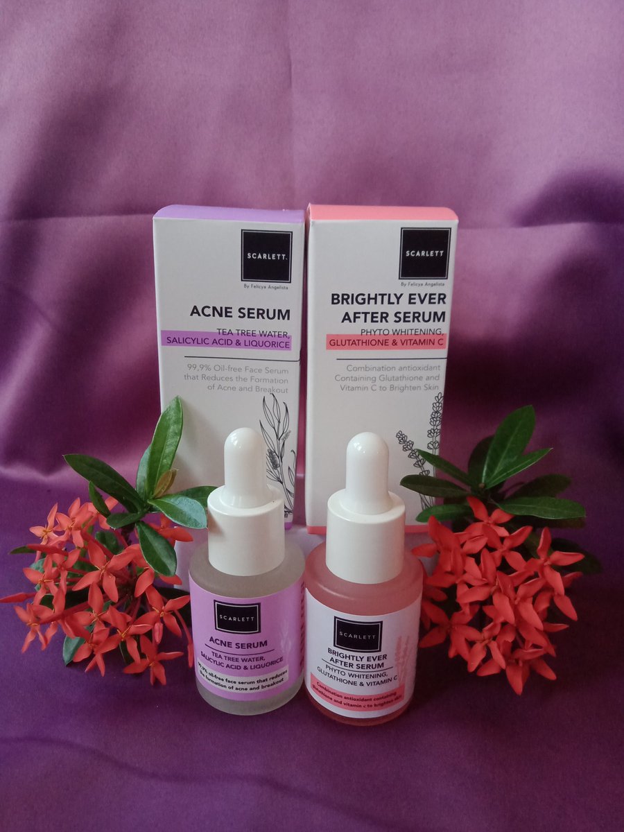 Yeeyy aku sekarang pake produk baru dari Scarlett yaitu SERUM wajah "Acne Serum (warna ungu) & Brightly Ever After Serum (warna pink)" ucul banget kannnn, dan ini tuh udh BPOM ya gaes