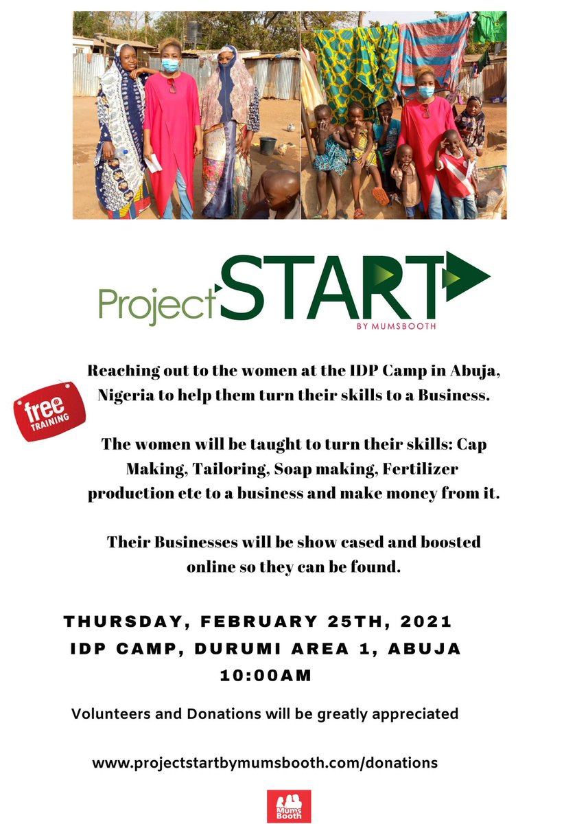 valkem's tweet photo. On Thursday 25th February 2021, We will be having our Project START by Mumsbooth program with the women at the IDP camp Durumi Area 1 Abuja, to teach them how to turn the skills they already learned from past trainings to a business. https://t.co/3F2jdnZa8x