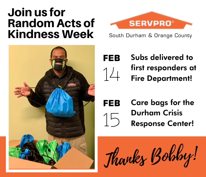 ServproSDOC's tweet photo. We started out 'Random Acts of Kindness Week' by sending our FD subs and then by packing up toiletries in care bags for the Durham Crisis Response Center. Big thanks to our Servpro Hero Bobby for volunteering to help spread the kindness! 💚 https://t.co/PSLnwumHF9