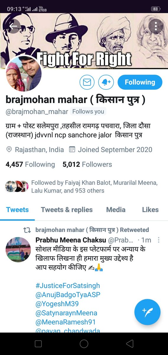 Muniraj99843131's tweet image. सक्रिय साथी  भाई @brajmohan_mahar जी को 5000 फॉलोअर्स पूरे होने पर हार्दिक बधाई 💐💐 
#JusticeForSatsingh
#कल_किसान_रेल_रोकेगे