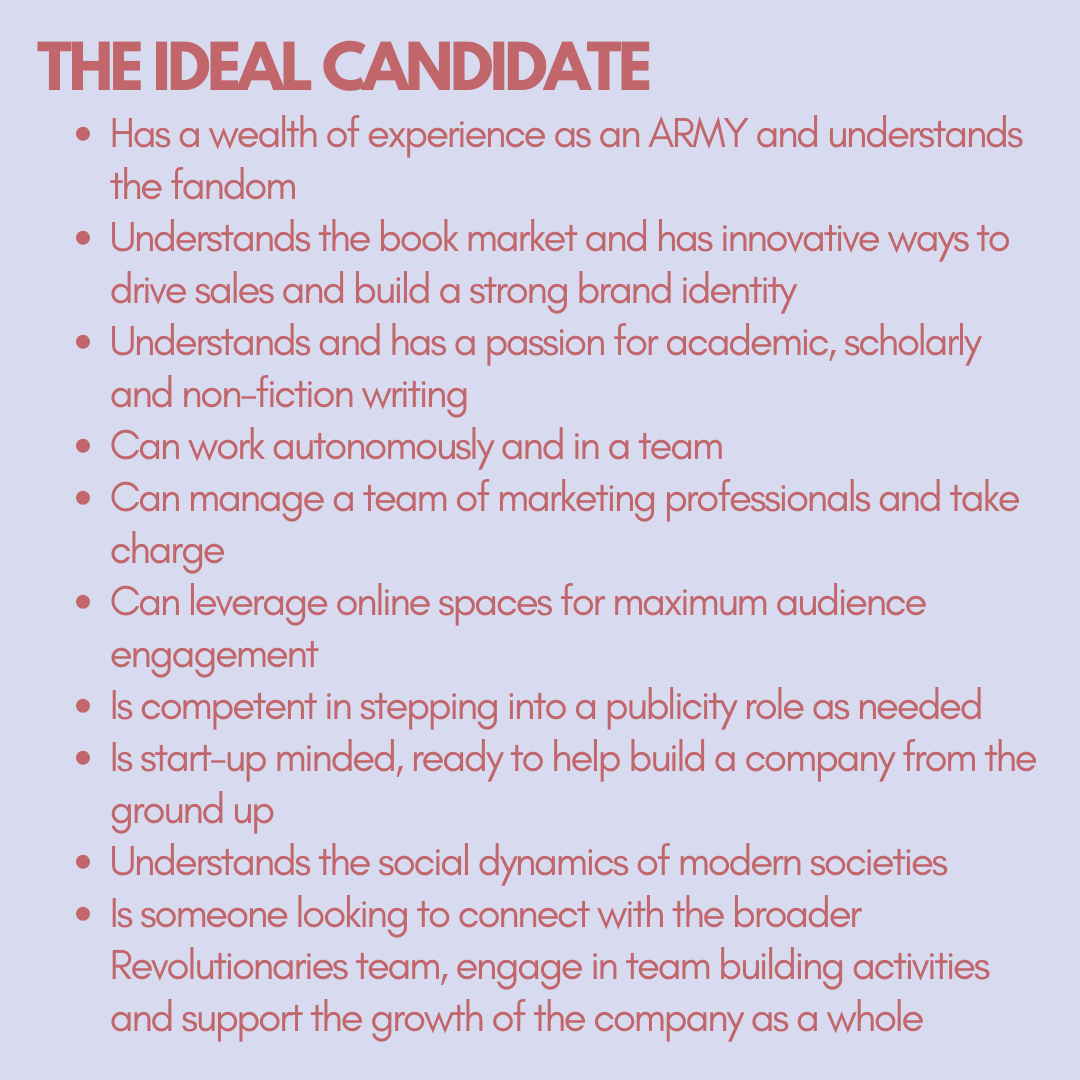 revolt_twt's tweet photo. NOW RECRUITING
Bulletproof Marketing Manager

The incoming @books_twt Manager will be responsible for marketing our backlist, preparing for our new releases and assisting with developing other projects at Revolutionaries.

Learn more at https://t.co/OrxgfUF6Ni

#JoinRevolt https://t.co/nmgBEKoCXx