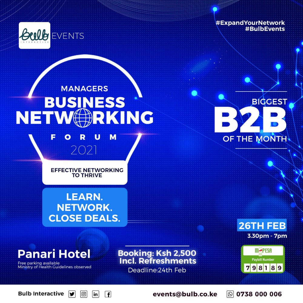 Meet High Level Managers  Next week Friday at Panari Hotel 3:30pm to 7pm.  

Mark your calendar. Register Now!! 0738 000 006 events@bulb.co.ke

IT'S POSSIBLE FOR YOU TO GET NEW BUSINESS. 

#ExpandYourBusinessNetworks #BulbEvents #Events #ManagersBusinessNetworkingForum