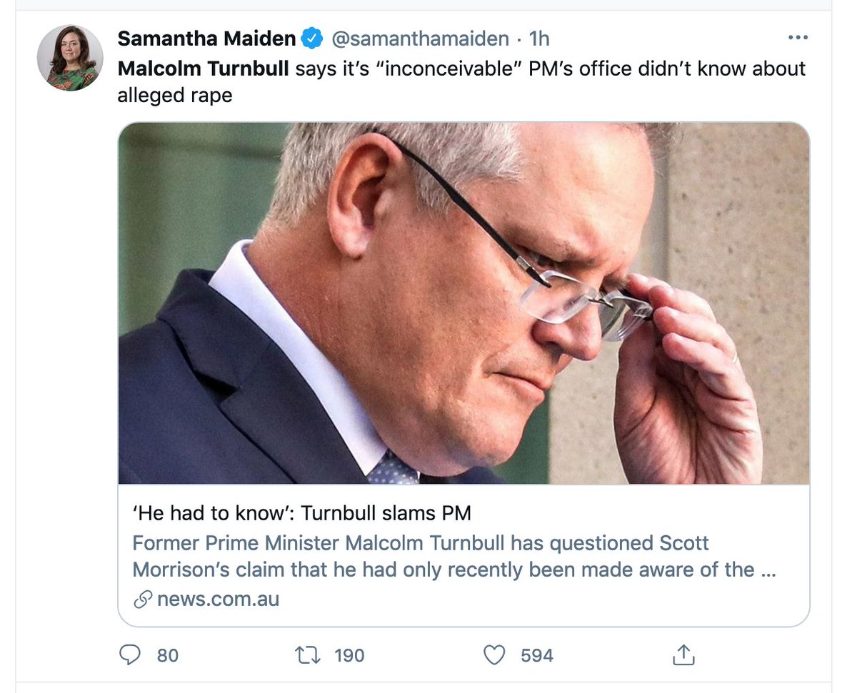 Notice that Morrison uses a qualifier to answer questions on this issue? He always prefaces his remarks with: "I am advised . . ."He can then claim plausible deniability.What did Scott Morrison know about the rape allegations?And when did he know it?