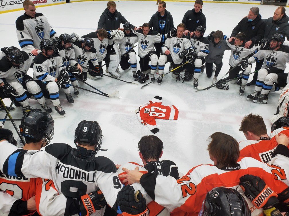 Thank you to Brian’s <a href="/LittleFlyersHky/">Little Flyers Hockey</a> 18U team and their worthy opponents, the Northstar Knights @NCA_PrepTeam.  After the <a href="/NAPHL/">NAPHL</a> championship game, both teams gathered at center ice to pray for Brian Page. 🧡 #87Strong facebook.com/10464587480371…