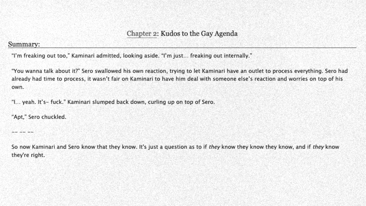 galacticlance's tweet photo. ---o---
So is that a Yes, Or...?

Chapter 2/4 - Kudos to the Gay Agenda

• Serokami
• Post-canon au
• Written for @FanQueenJoann
• Background shindeku  
• No Archive warnings
• 5644 words
---o---
https://t.co/gT6lkfzQi4
---o---
#bnha #mha #kamisero #sero #kaminari #serokami https://t.co/v5QHpyUyEC