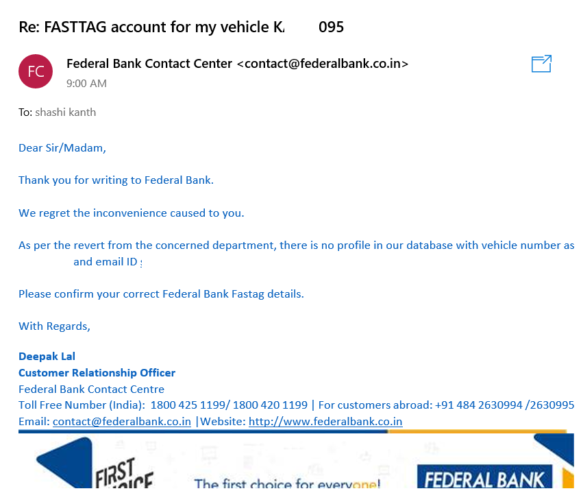shashirkanth's tweet photo. @nitin_gadkari @FederalBankHelp @Swamy39 
#FASTTAGSCAM
After issuing tag to my vehicle and deducting my amount from tag account after several recharges, Now the bank is replying that they can't answer my questions as they do not have record of my vehicle in their database. https://t.co/QdoTrEkcCr