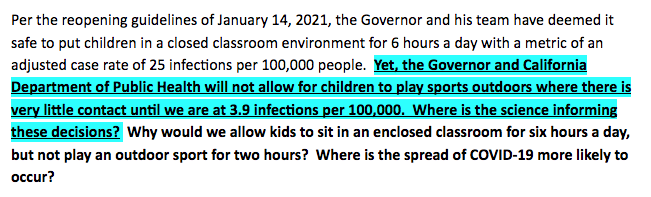 CACoachesAssoc's tweet photo. Our association has been pushing to open sports when counties get to the same metric that Governor Newsom says that kindergartners can be in the classroom - at 25/100,000.  If we used this metric, Los Angeles County would be starting sports now as the county just hit that metric! https://t.co/Zlps389Mhz