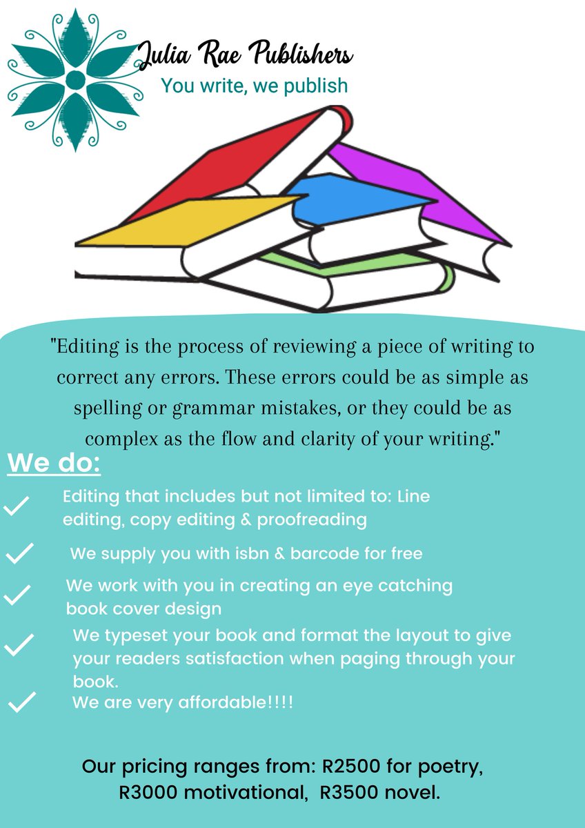 JR_Publishers's tweet photo. Do you need someone to edit your manuscript or do you need someone to help you with publishing admin services such as the ones listed below? Contact us &amp; we will help you to polish your next best seller! 😁😁

Whatsapp/call: 064 119 1925 
Email: info@juliaraepublishers.co.za https://t.co/tB12GQEgnx