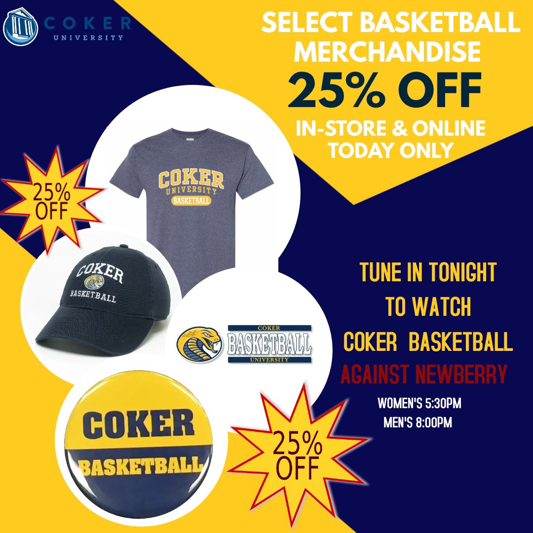 Support the Coker’s men &amp; women basketball teams by purchasing select merchandise for 25% off today only! 
Tag a Coker basketball player or post a picture in the comments 🐍

#cokeruniversitystore
Website: bookstore.coker.edu/Home