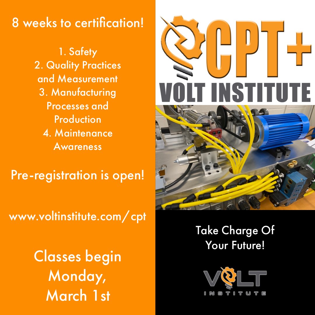 Certified Production Technician Plus!
Sign Up At voltinstitute.com/cpt

Instructor-led, hands on training with on-line computer-based simulation training.