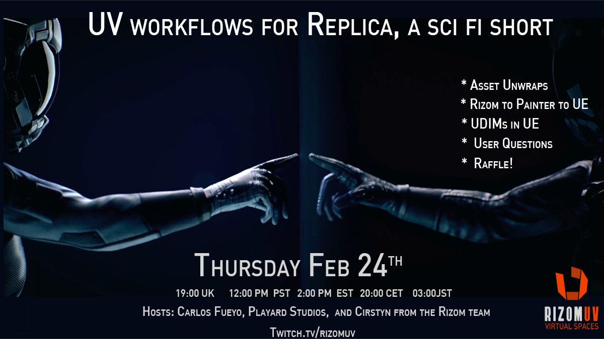 We are SO looking forward to this! Join us on #twitch tomorrow, Carlos Fueyo from Playard Studio is walking us through #RizomUV and other workflows from the making of their scifi short - Replica! playardstudios.com/replica #gamedev #3Dart #gameart #modeling #UE4