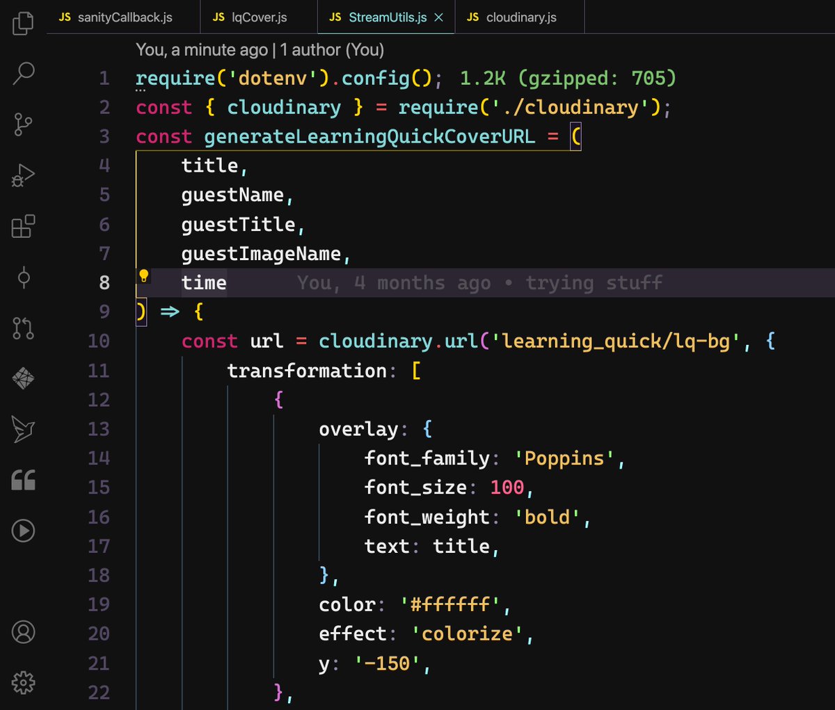 jamesqquick's tweet photo. Here's a sweet combination. I created a Serverless function in @Netlify that uses @cloudinary to automatically generate cover images for my #LearningQuick live streams! https://t.co/nwPBmYovzl