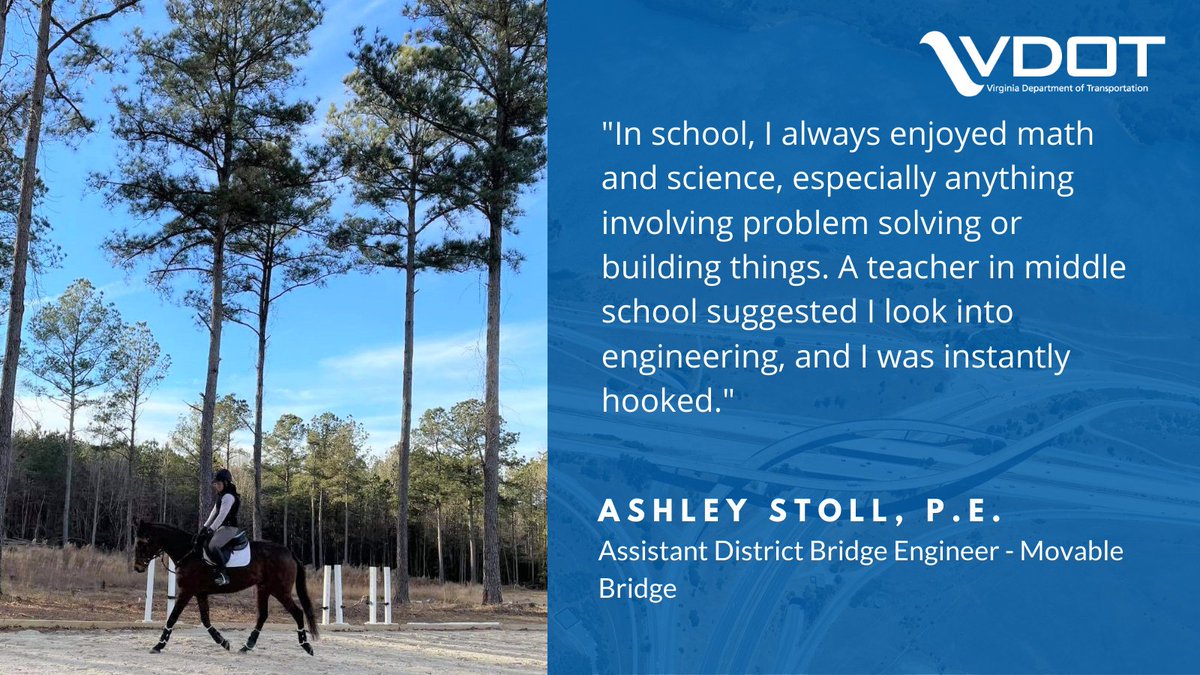 VaDOTHR's tweet image. It&apos;s #engineersweek2021! We may be biased, but we have some of the best @VaDOT. Take Ashley Stoll -- her job requires extensive knowledge of structural, mechanical &amp;amp; electrical engineering/maintenance. When she isn&apos;t at work, Ashley rides horses (how beautiful is her mare Carly?)
