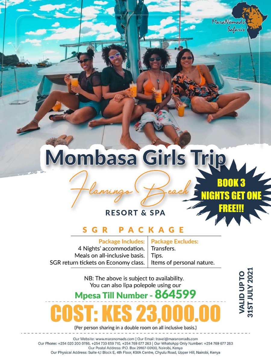 MaraNomads's tweet photo. Girls just wanna have sun….

#GetNomadic with us and get to enjoy this Girls Trip Special offer to Flamingo PrideInn Beach Resort @only Kes 23,000 per person sharing in a double room on all-inclusive basis plus SGR return tickets on Economy Class.

Book 3 Nights &amp; Get one Free!! https://t.co/CKtVM8N4M4