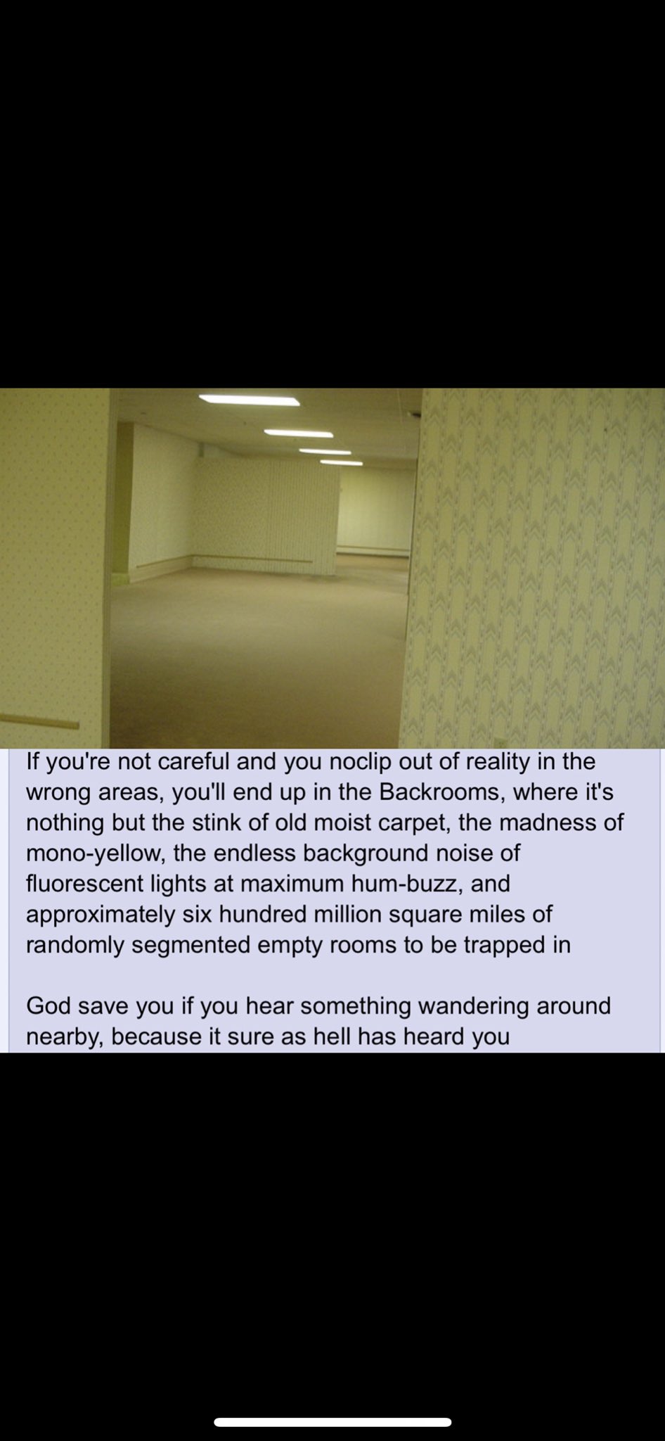 If you're not careful and you noclip out of reality in the wrong areas,  you'll end up in the Backrooms, where it's nothing but the stink of old  moist carpet, the madness