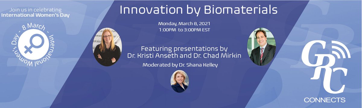 Please join us in celebrating International Women’s Day March, 8th, 2021, at this free GRC Connects event, featuring Drs. Kristi Anseth <a href="/kanseth/">Kristi Anseth</a> and Chad Mirkin <a href="/CHADNANO/">Chad A. Mirkin</a> and moderated by Dr. Shana Kelley <a href="/ShanaOKelley/">Shana Kelley</a>. We hope to see you there! grc.org/grc-connects-i…