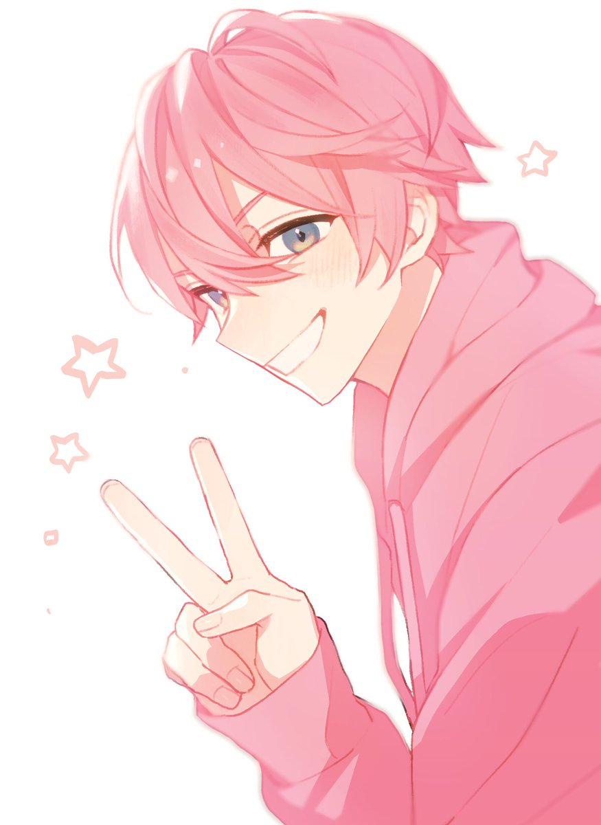 1boy male focus pink hair v smile hood hoodie  illustration images