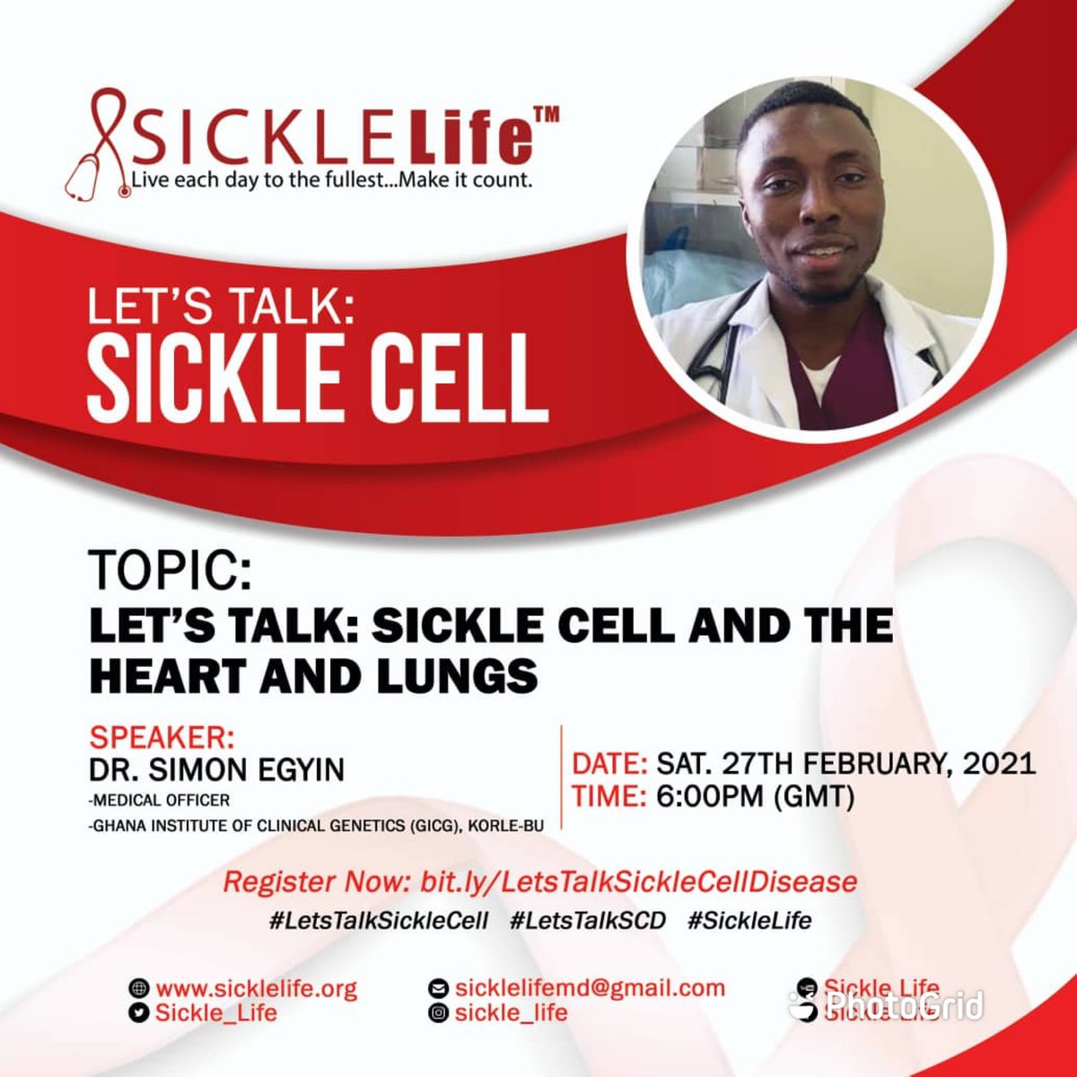 Sickle_Life's tweet photo. LET’S TALK SICKLE CELL 2021

Sickle Life presents the Fourth session of “Let’s Talk Sickle Cell.”

Topic: Let's Talk : Sickle Cell and the Heart and Lungs
Date: Saturday, 27th February, 2021.
Time: 6:00pm (GMT)

#LetsTalkSickleCell
#LetsTalkSCD
#SickleCell
#SickleLife https://t.co/SNApdkACPv