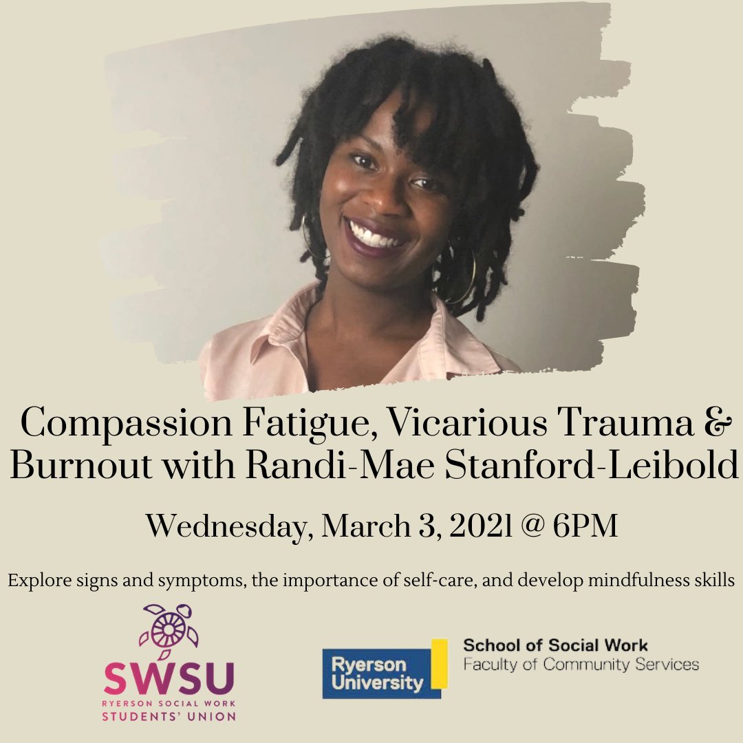 swsu2021's tweet photo. Next Wednesday! Exploring compassion fatigue, vicarious trauma and burnout. Signs, symptoms and the importance of self-care in the field of social work. Discussions, mindfulness tools and a question period to follow. Link in bio to register! https://t.co/EEgTVKpTiw