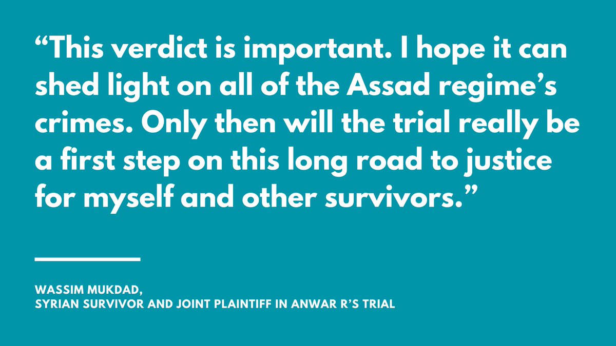 ECCHRBerlin's tweet photo. (2/3) This is the first time a former member of the Syrian intelligence services has been convicted of a crime under international law. Testimony &amp; evidence about crimes committed by the #Syrian government can now be used in other proceedings – at national or international level https://t.co/cXAglAlyvc