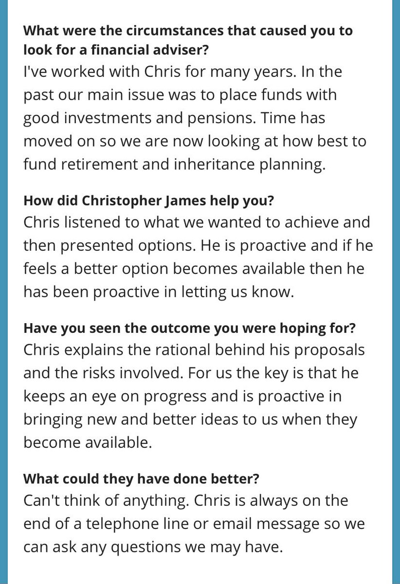 Some amazing reviews from clients for Chris James, one of our Financial Planners. Most of our new clients come from referrals and our existing clients usually stay with us for many years. I think this is a testament to the advice and quality of service we aim to provide