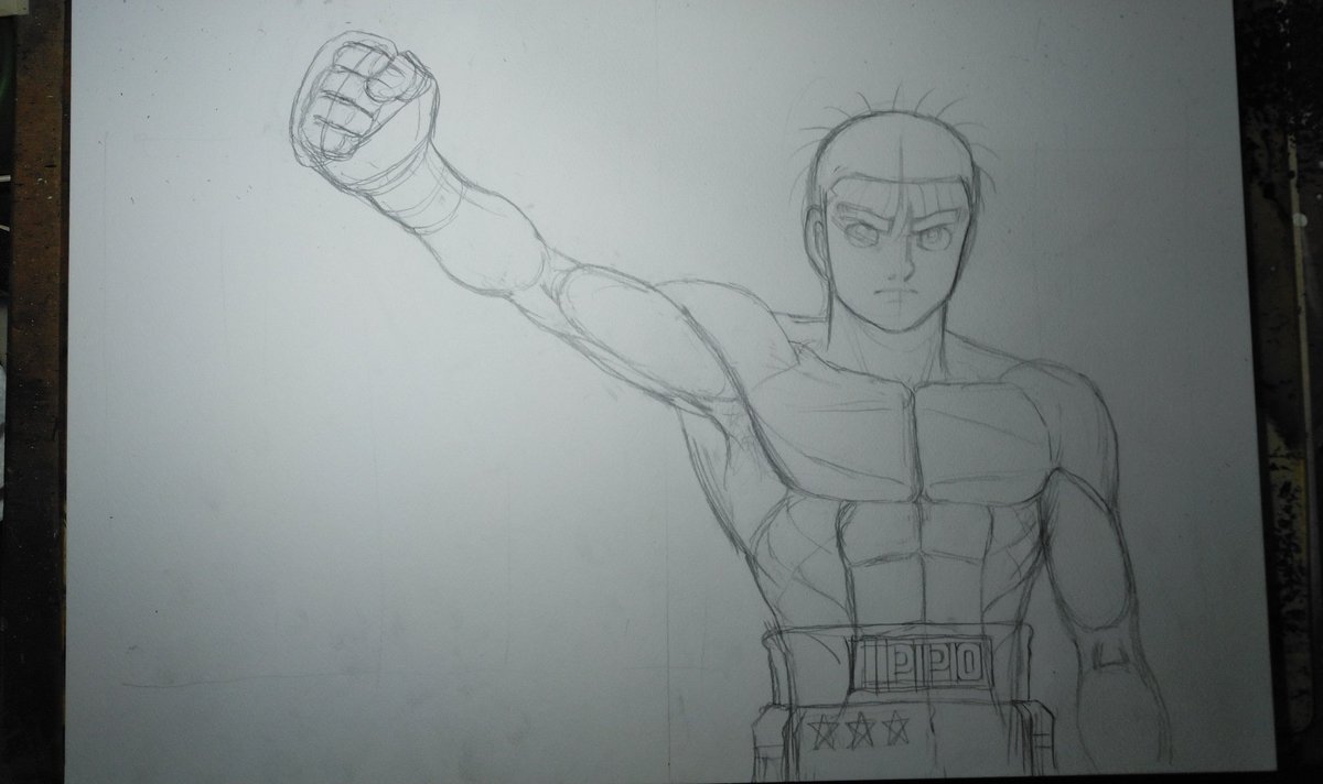 [カラー原稿のできるまで②]まずは一歩の下書き→ペン入れ→背景のコマ割りです。見開きなのでB3用紙に描いています。大きいしイラストボードなので回して描くことができないため、自分の体から遠いところを描くのが大変です。