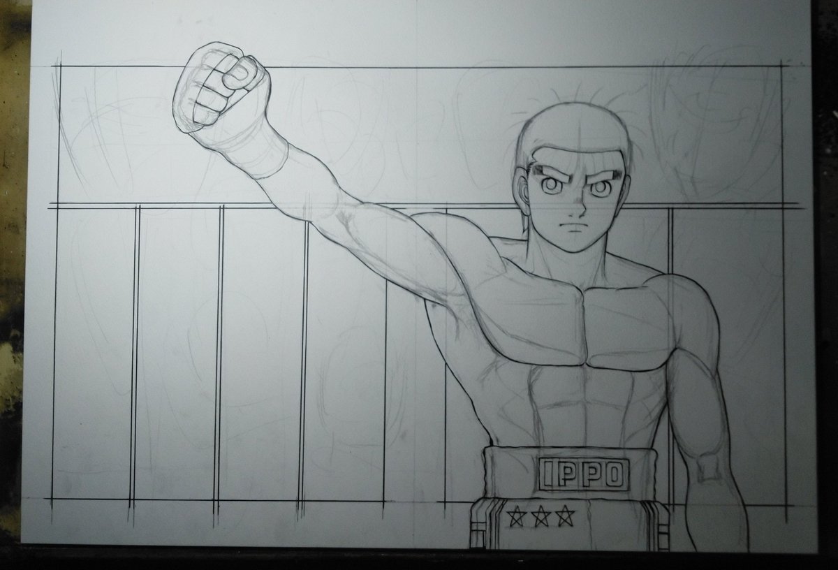 [カラー原稿のできるまで②]まずは一歩の下書き→ペン入れ→背景のコマ割りです。見開きなのでB3用紙に描いています。大きいしイラストボードなので回して描くことができないため、自分の体から遠いところを描くのが大変です。