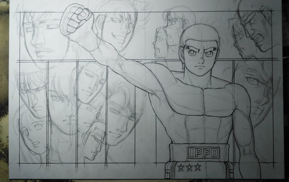 [カラー原稿のできるまで③]一歩ができたので背景の人物の下書き、ペン入れです。そして消しゴムかけです。大きい範囲の消しゴムかけは疲れます。