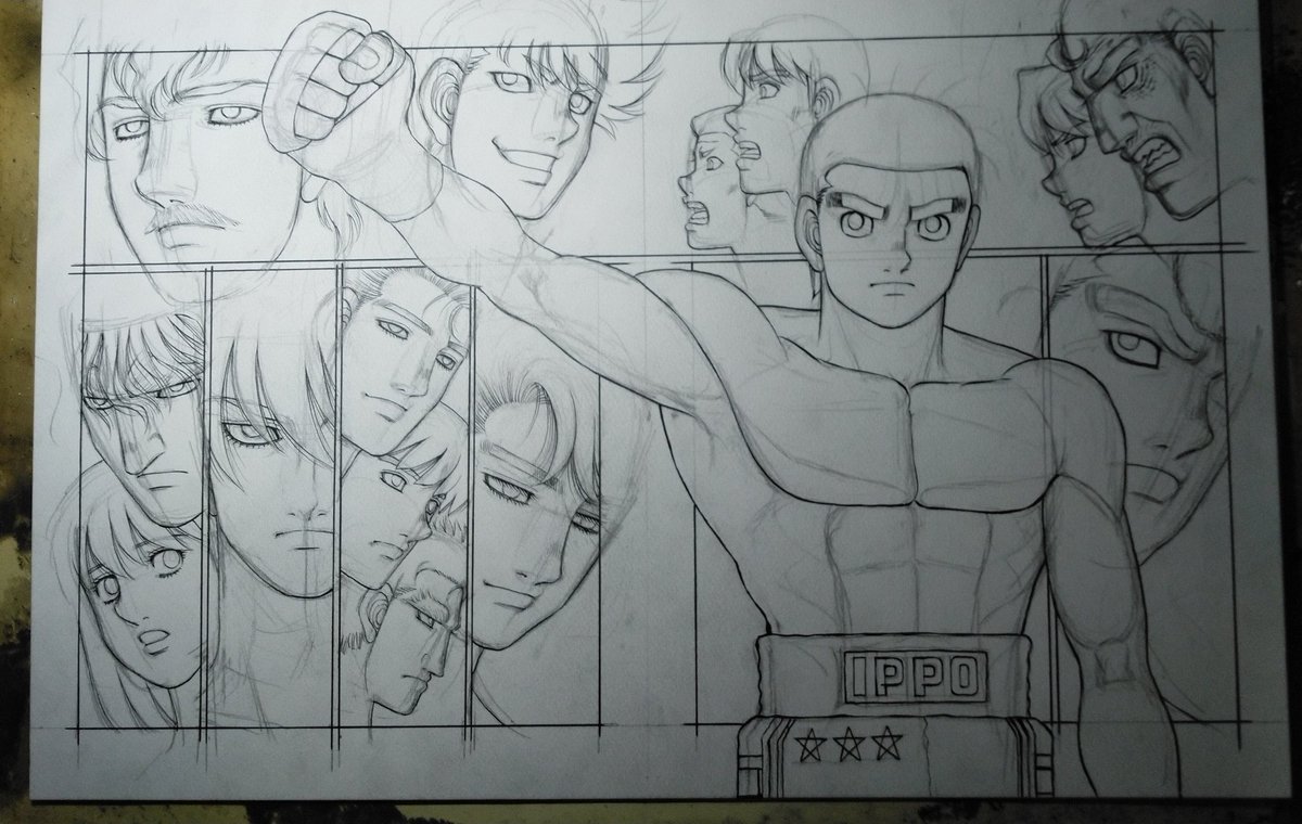 [カラー原稿のできるまで③]一歩ができたので背景の人物の下書き、ペン入れです。そして消しゴムかけです。大きい範囲の消しゴムかけは疲れます。