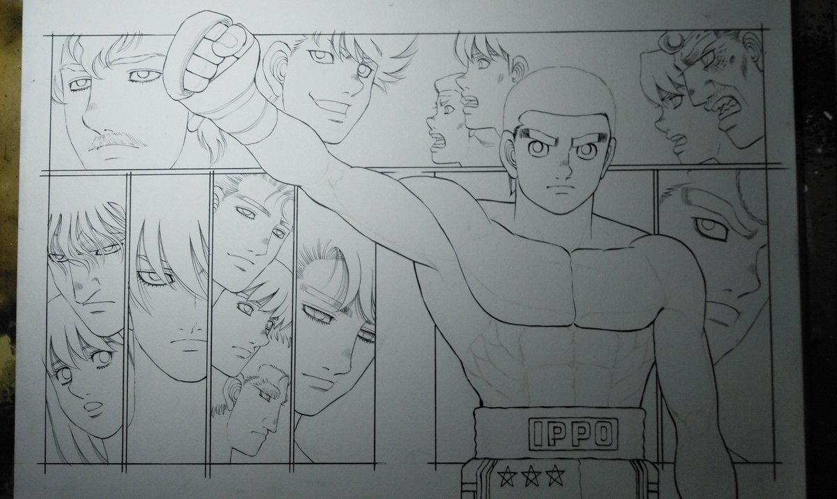 [カラー原稿のできるまで③]一歩ができたので背景の人物の下書き、ペン入れです。そして消しゴムかけです。大きい範囲の消しゴムかけは疲れます。