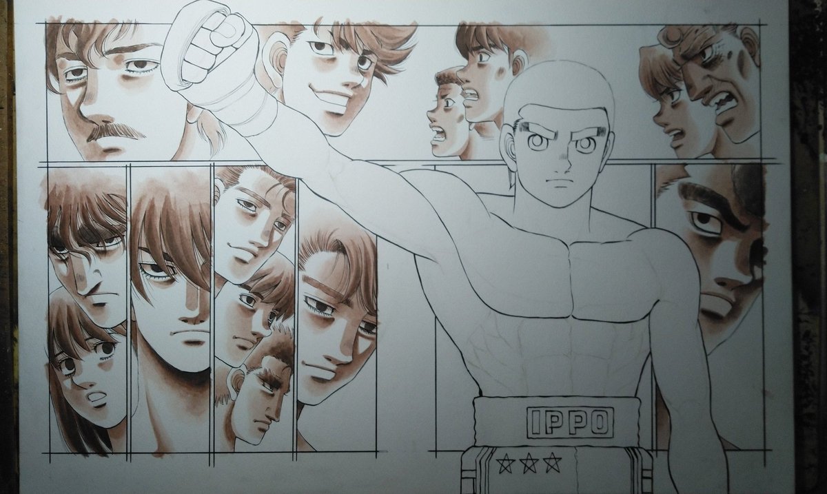 [カラー原稿のできるまで④]背景の人物から色塗りです。アクリルカラーです。この時点で使うのはバーントシェンナとバーントアンバーだけです。とりあえず背景終わりです。