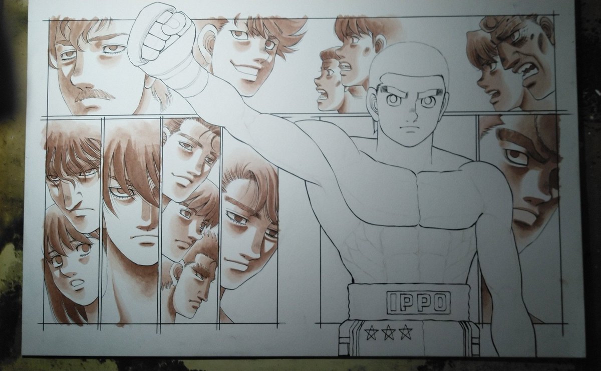 [カラー原稿のできるまで④]背景の人物から色塗りです。アクリルカラーです。この時点で使うのはバーントシェンナとバーントアンバーだけです。とりあえず背景終わりです。