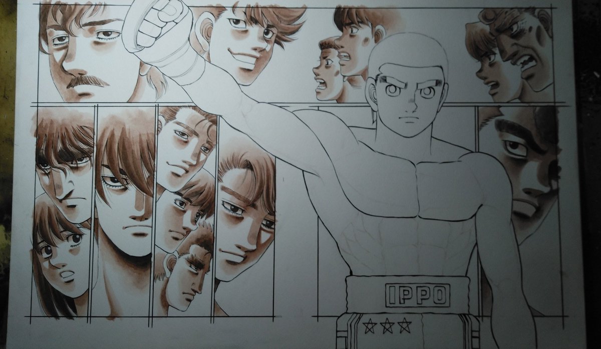 [カラー原稿のできるまで④]背景の人物から色塗りです。アクリルカラーです。この時点で使うのはバーントシェンナとバーントアンバーだけです。とりあえず背景終わりです。