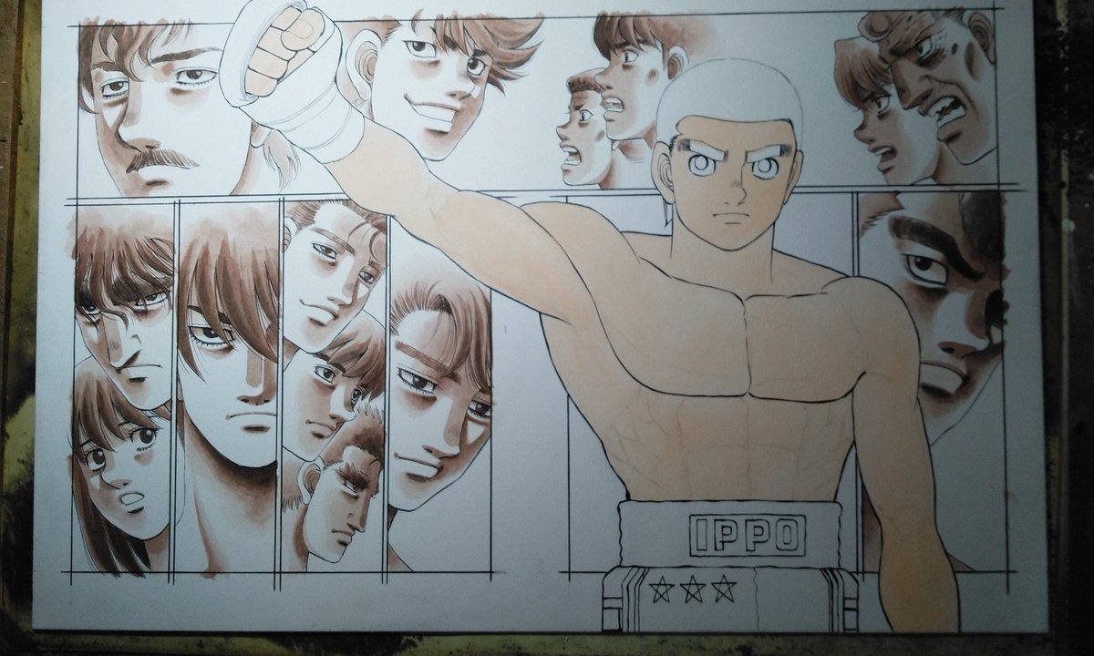 [カラー原稿のできるまで⑤]一歩の色塗りに取りかかります。肌色(ジョンブリアン)を薄く下塗り→少し濃くのせて陰影のつく所の目印にして→さらに濃くのせて立体感を出していきます。