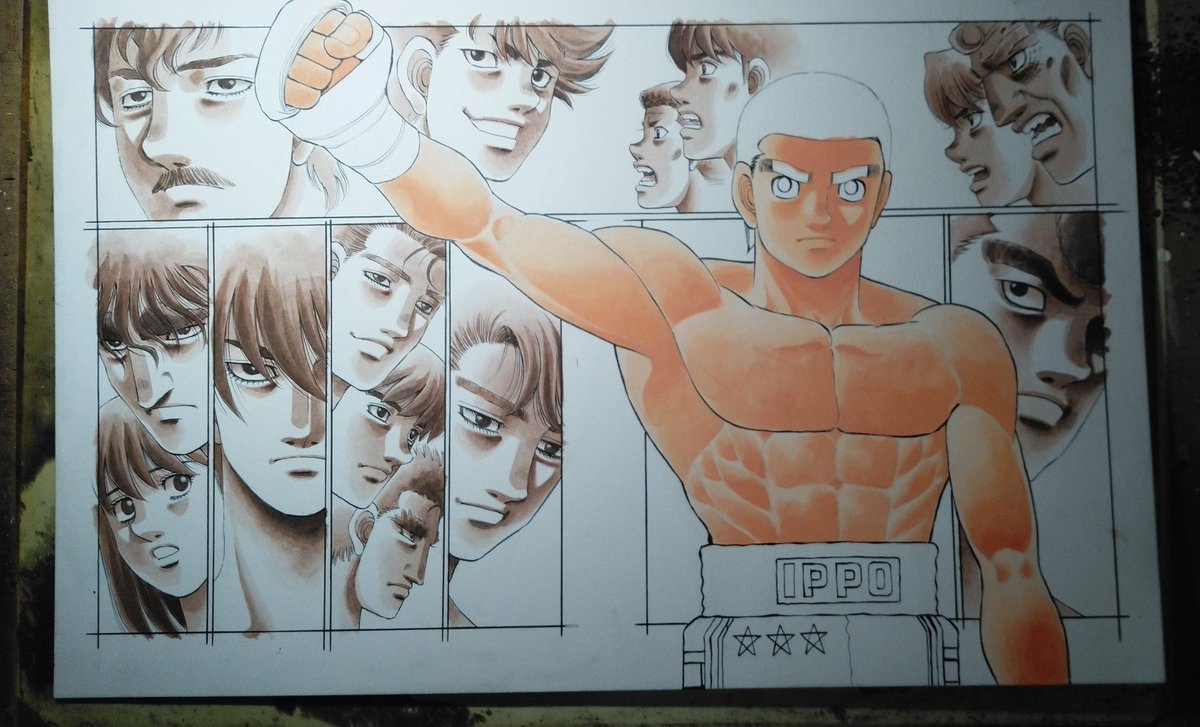 [カラー原稿のできるまで⑤]一歩の色塗りに取りかかります。肌色(ジョンブリアン)を薄く下塗り→少し濃くのせて陰影のつく所の目印にして→さらに濃くのせて立体感を出していきます。